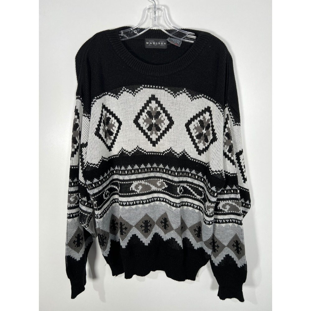 Vintage Fall Black White Geometric Knit Eclectic Grandpa Crewneck Sweater Retro
